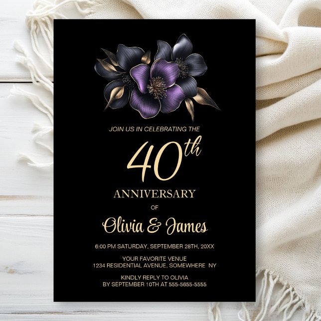Black Purple Grey Floral 40th Anniversary Invitation (Creator Uploaded)