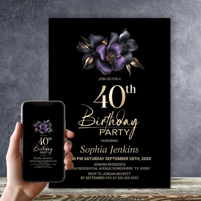 Black Purple Grey Floral 40th Birthday Party Invitation (Creator Uploaded)
