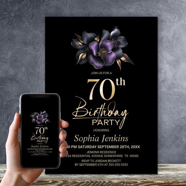 Black Purple Grey Floral 70th Birthday Party Invitation (Creator Uploaded)