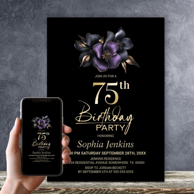 Black Purple Grey Floral 75th Birthday Party Invitation (Creator Uploaded)