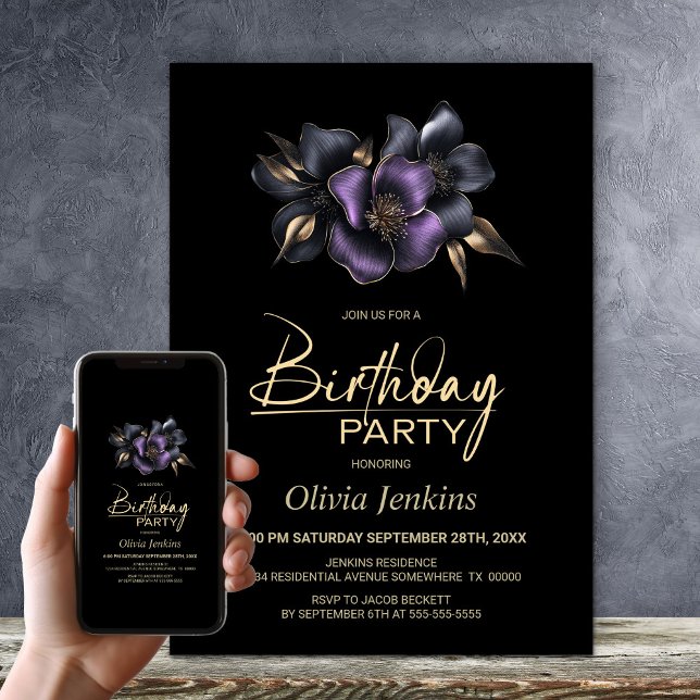 Black Purple Grey Floral Any Age Birthday Party Invitation (Creator Uploaded)