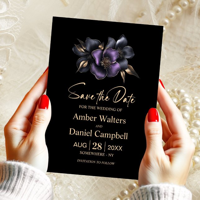 Black Purple Grey Floral Save the Date Invitation (Creator Uploaded)