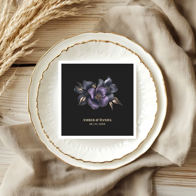 Black Purple Grey Floral Wedding Napkin (Creator Uploaded)