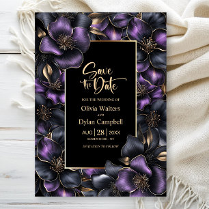 Black Purple Grey Floral Wedding Save the Date Invitation