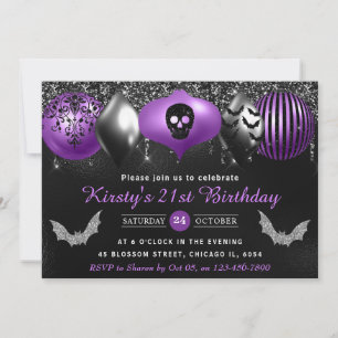 Black & Purple Halloween Ornaments 21st Birthday Invitation