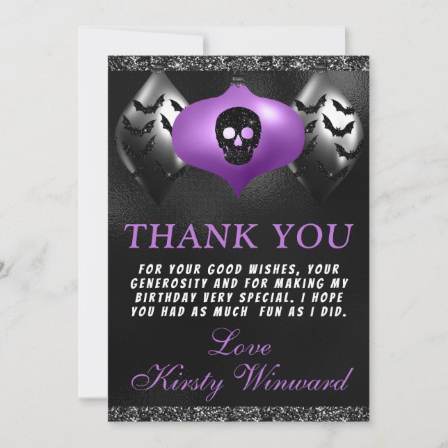 Black Purple Halloween Ornaments Birthday Party Thank You Card (Front)