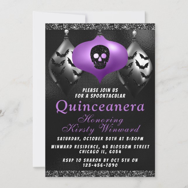 Black Purple Halloween Ornaments Quinceanera Invitation (Front)