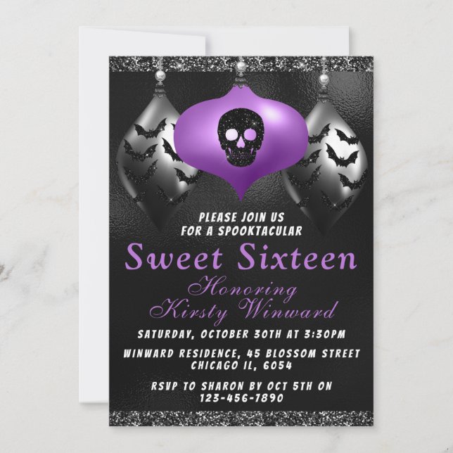 Black Purple Halloween Ornaments Sweet 16 Invitation (Front)