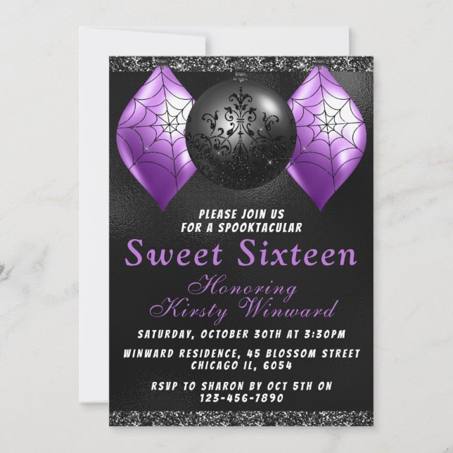Black Purple Halloween Ornaments Sweet 16 Invitation (Front)