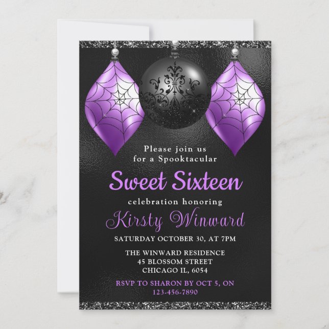 Black & Purple Halloween Ornaments Sweet 16 Invitation (Front)
