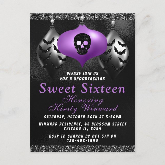 Black Purple Halloween Ornaments Sweet 16 Postcard (Front)