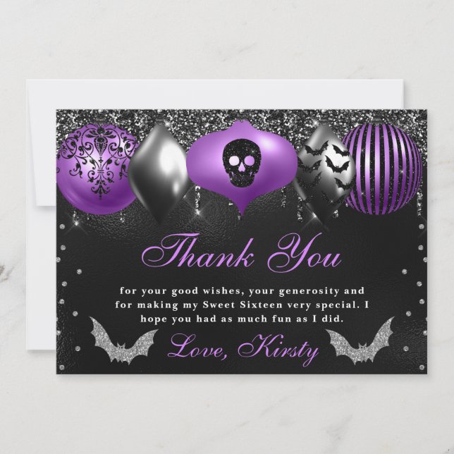 Black & Purple Halloween Ornaments Sweet Sixteen Thank You Card (Front)