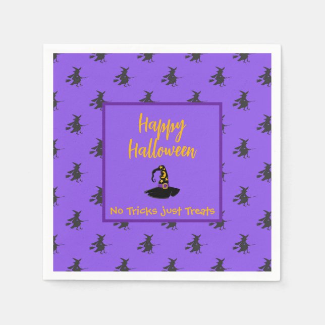 Black purple Halloween witches hat broomstick Napkin (Front)