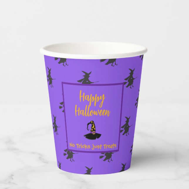 Black purple Halloween witches hat broomstick Paper Cups (Front)