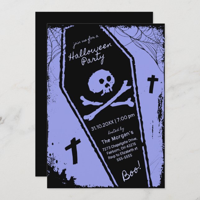 Black & Purple Hand Drawn Coffin Halloween Party Invitation (Front/Back)