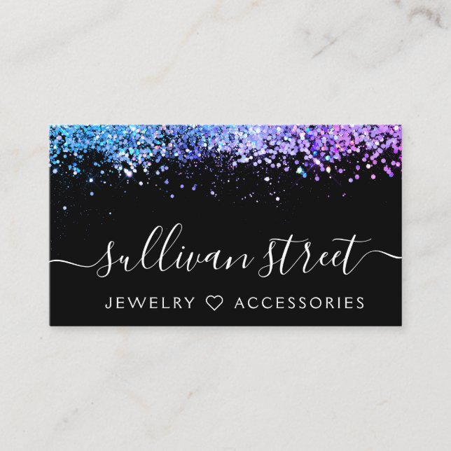 Black Purple Holographic Glitter Jewellery Boutiqu Business Card (Front)