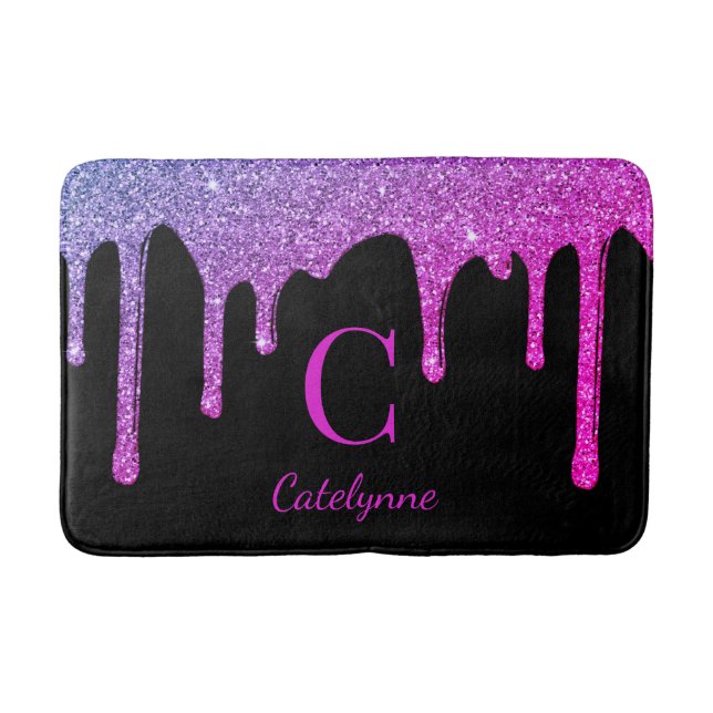 Black Purple Hot Pink Dripping Glitter Monogram Bath Mat (Front)