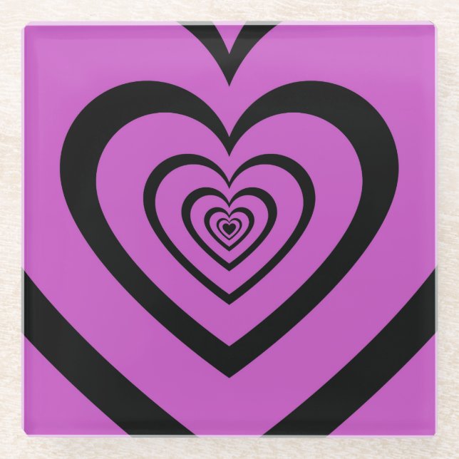 Black Purple Hypnotic Heart Love Pattern Glass Coaster (Front)