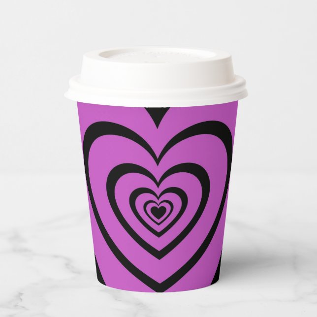 Black Purple Hypnotic Heart Love Pattern Paper Cups (Left)