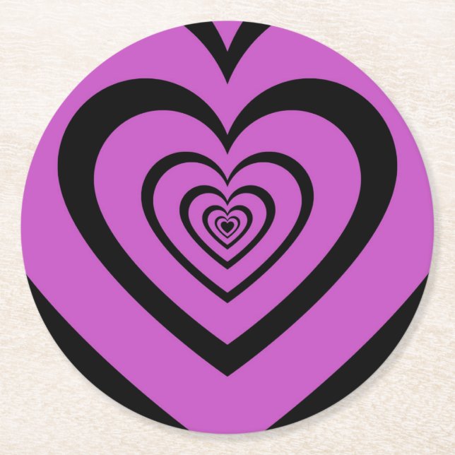 Black Purple Hypnotic Heart Love Pattern Round Paper Coaster (Front)