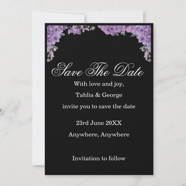 Black & Purple Jacaranda Flowers Save the Date  Invitation (Front)