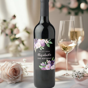 Black purple lavender pink florals birthday wine label
