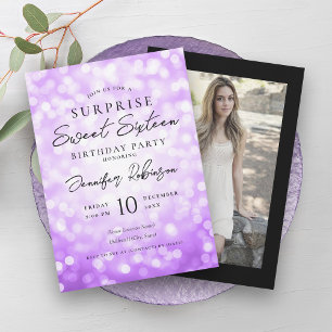 Black Purple Lights Photo SURPRISE Sweet 16   Invitation