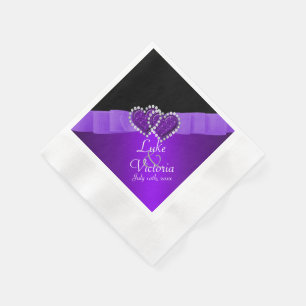 Black & Purple Locking Diamond Hearts Wedding Napkin