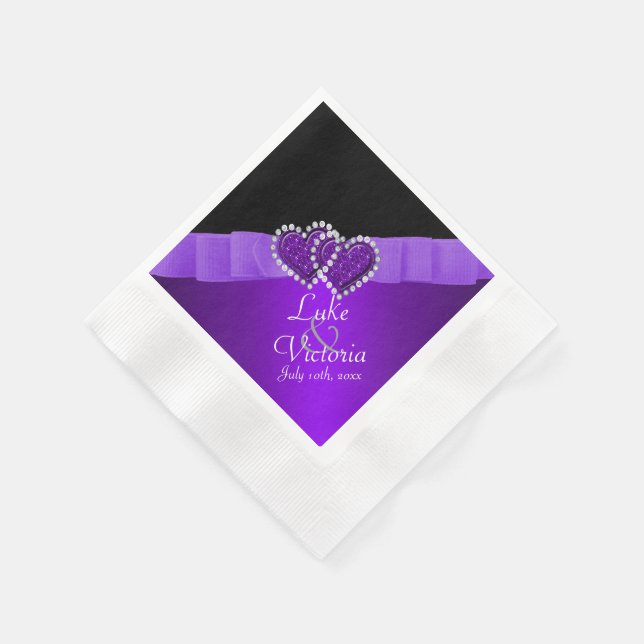 Black & Purple Locking Diamond Hearts Wedding Napkin (Corner)