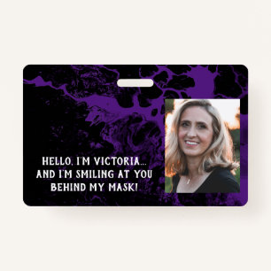 Black & Purple Marble Hello Behind the Mask ID Badge