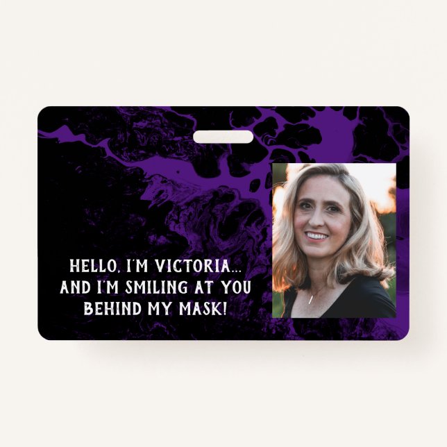 Black & Purple Marble Hello Behind the Mask ID Badge (Front)