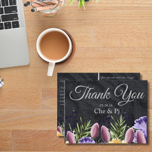 Black Purple Minimalist Floral Thank You Card