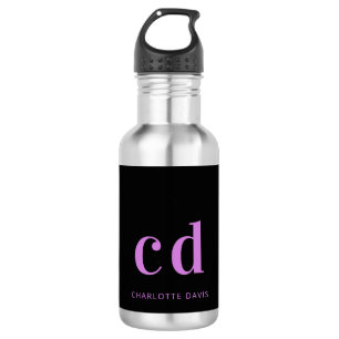 Black purple monogram name modern 532 ml water bottle