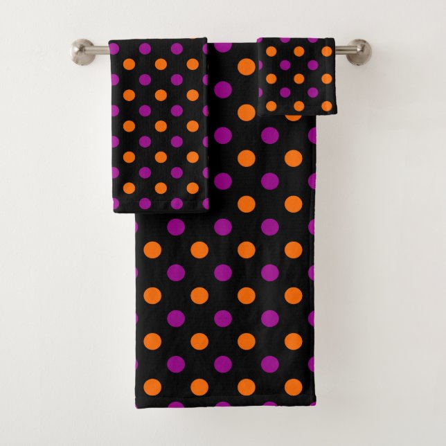 Black Purple Orange Polka Dot Pattern Bath Towel Set (Insitu)
