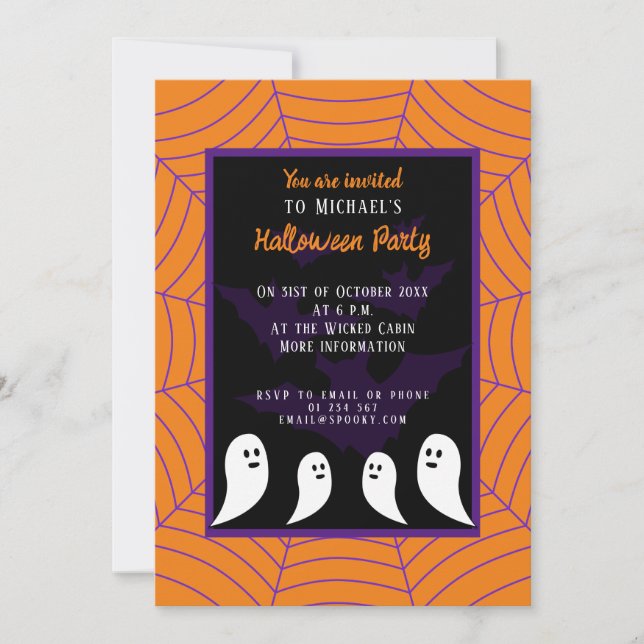 Black purple orange spider web Halloween ghost  Invitation (Front)