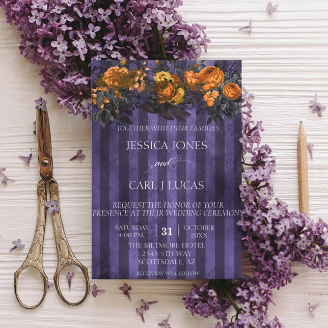 Black Purple Orange Watercolor Floral Halloween Invitation (Creator Uploaded)
