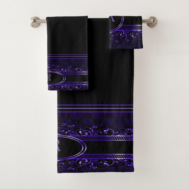Black & Purple Ornate Gothic Monogrammed Bath Towel Set (Insitu)