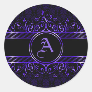 Black & Purple Ornate Gothic Monogrammed Classic Round Sticker