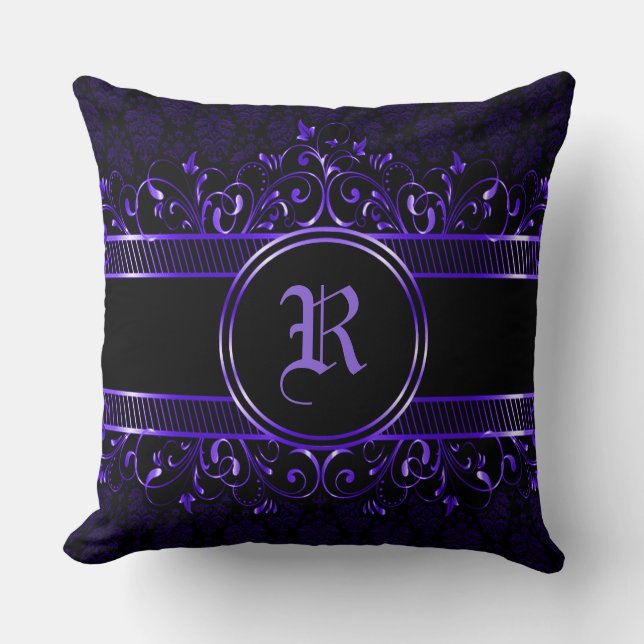 Black & Purple Ornate Gothic Monogrammed Cushion (Front)