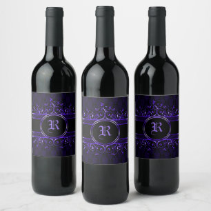 Black & Purple Ornate Gothic Monogrammed Wine Label