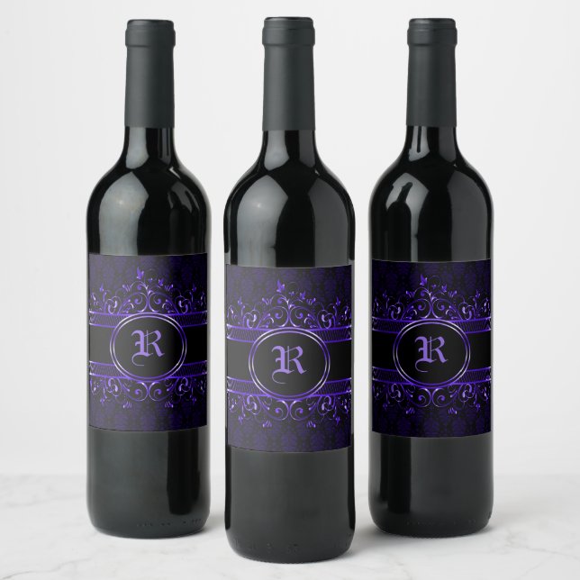 Black & Purple Ornate Gothic Monogrammed Wine Label (Bottles)