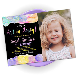 Black Purple Paint Birthday with Photo Invitation