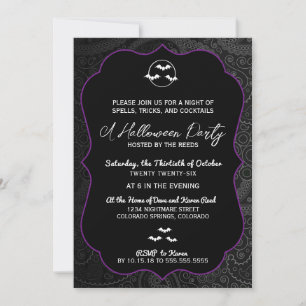 Black & Purple Paisley Bats Halloween Party Invitation