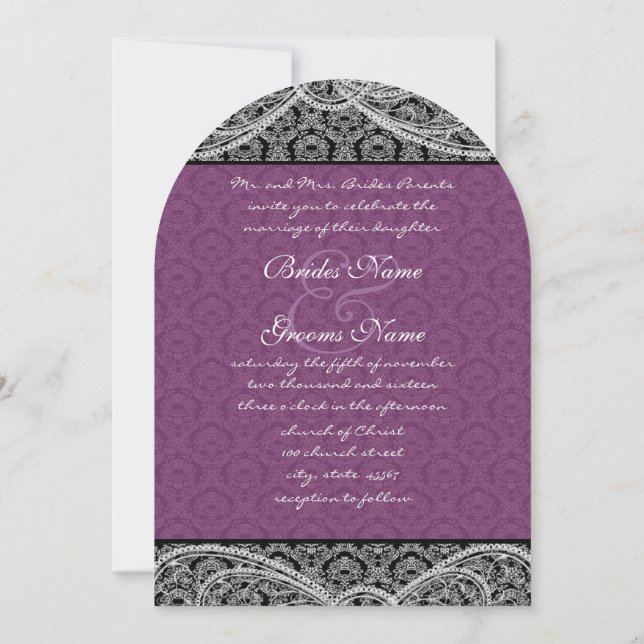 Black Purple Paisley Damask Wedding Invitation (Back)