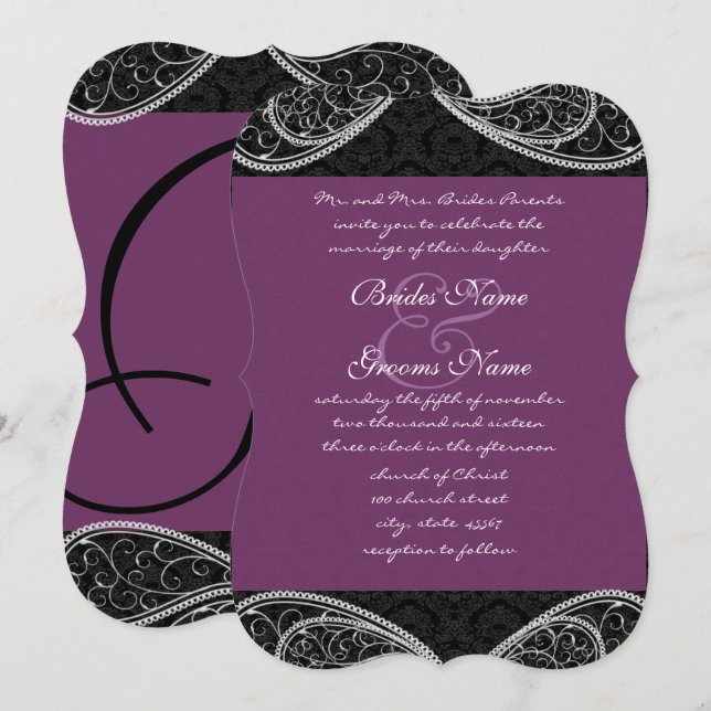 Black Purple Paisley Damask Wedding Invite (Front/Back)