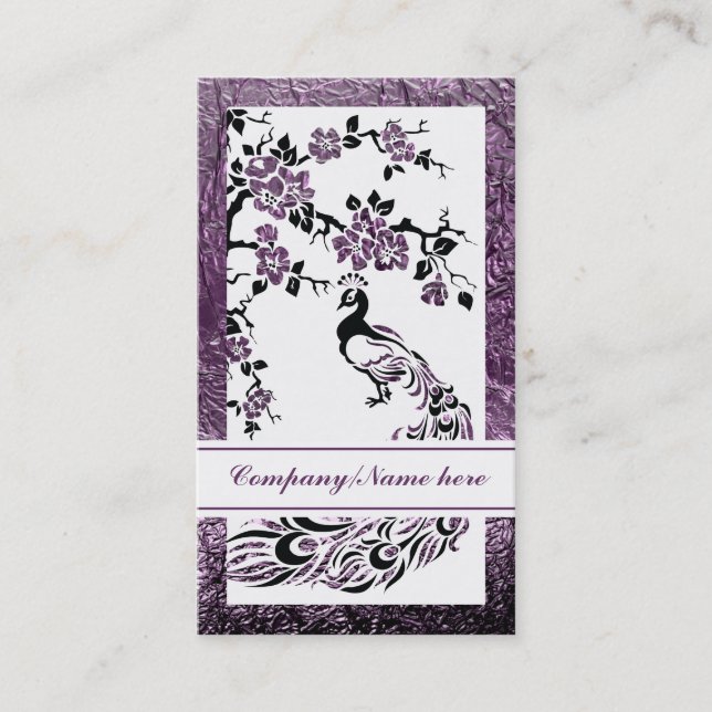 Black, purple peacock and cherry blossoms business card (Front)