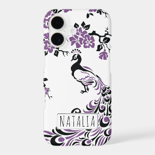 Black purple peacock & cherry blossoms art nouveau