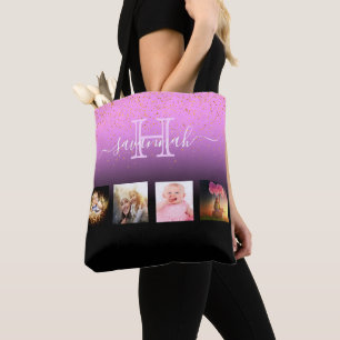 Black Purple photo collage monogram name Tote Bag