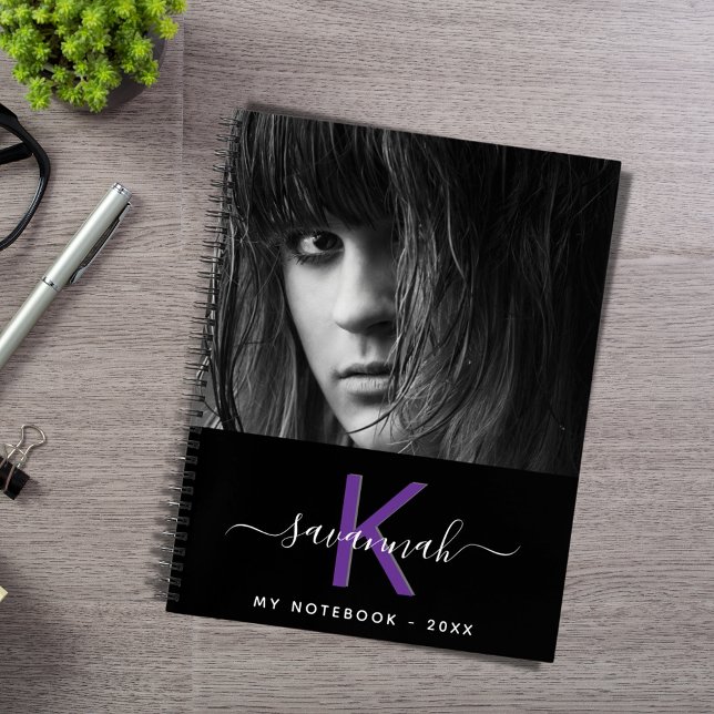 Black purple photo name monogram script notebook (Creator Uploaded)