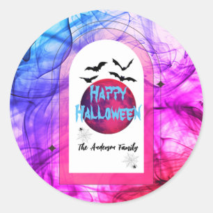 Black Purple Pink Bats Family Name Happy Halloween Classic Round Sticker